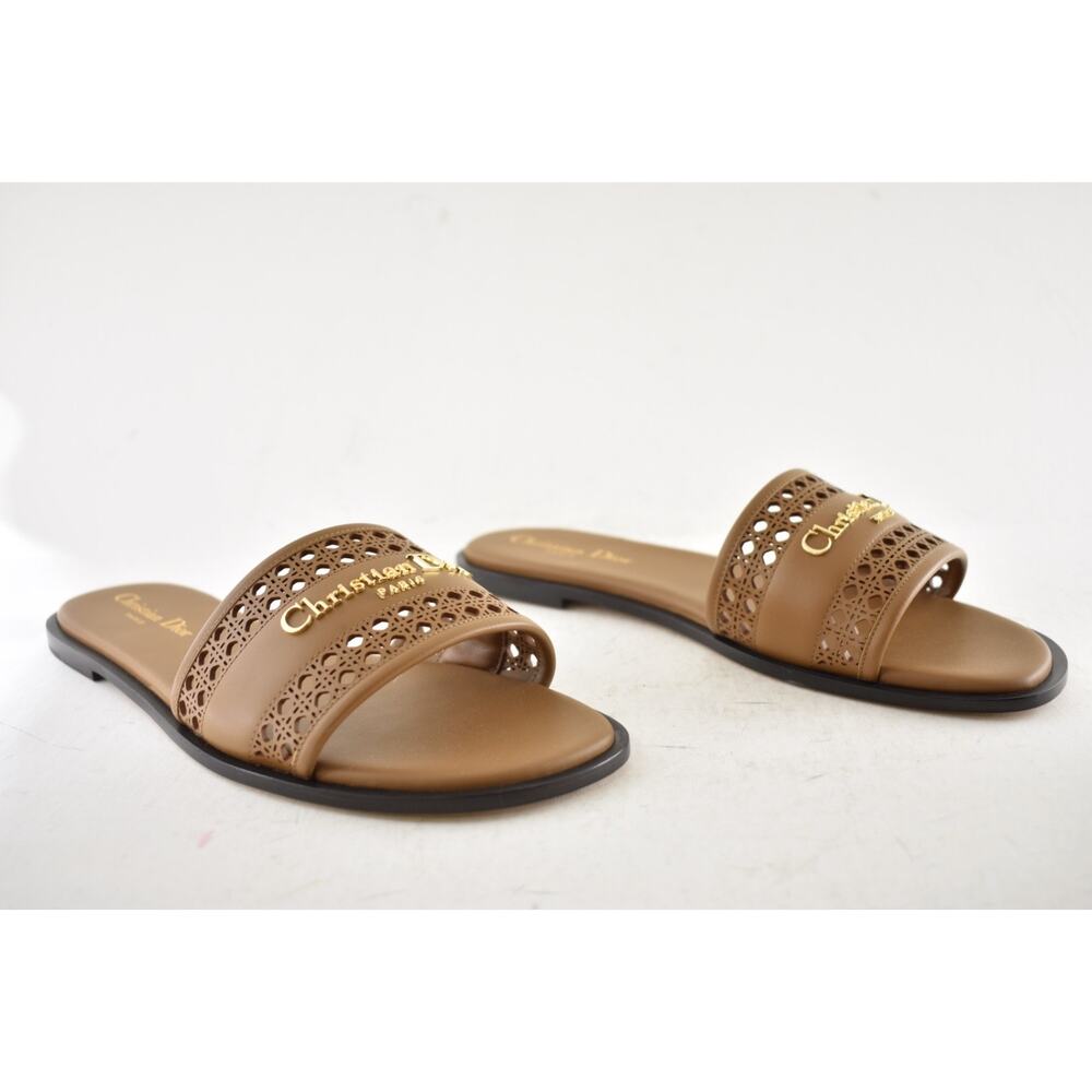 Dior D-Lane Dway Micro Cannage Chestnut Brown Leather Logo Slide Flat Sandal 37 - Picture 5 of 16